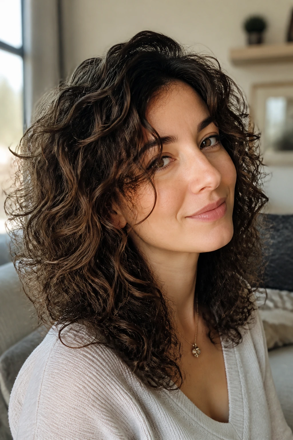 Close-up of a woman with halo layers and soft perimeter curls