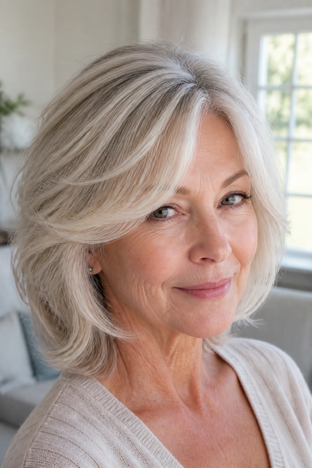Close-up portrait of a real woman with halo layers around the face and icy beige babylights