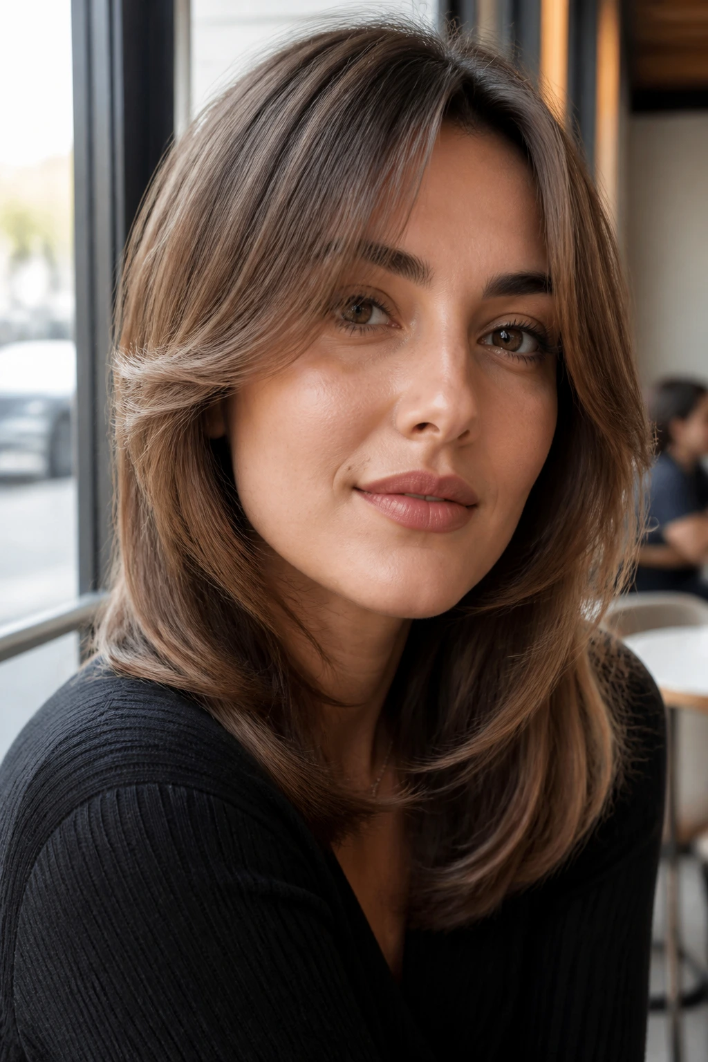 Portrait of woman with soft brown halo layers around cheeks