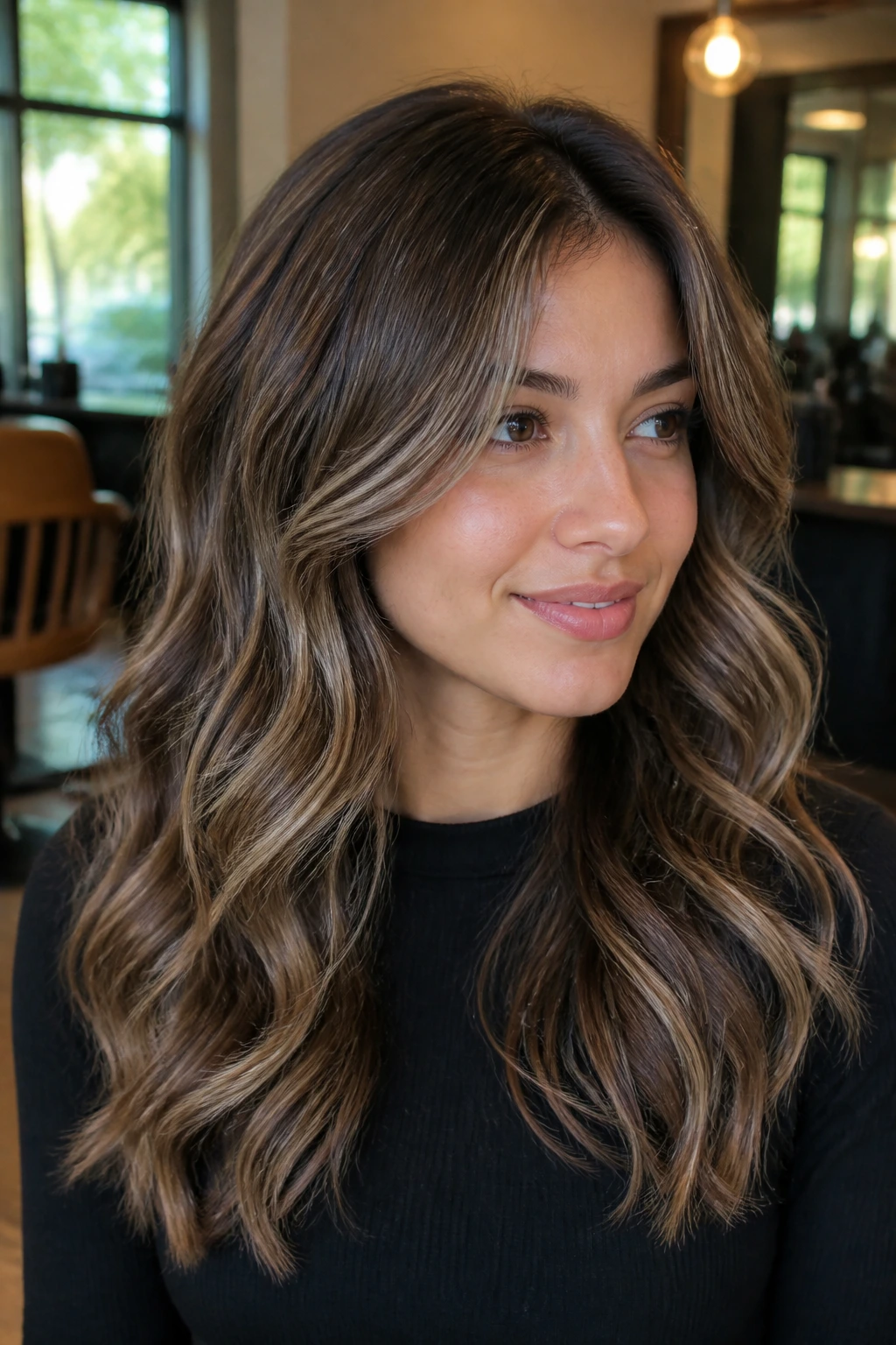 Close-up of a real woman with halo layers and ice-brown babylights at crown