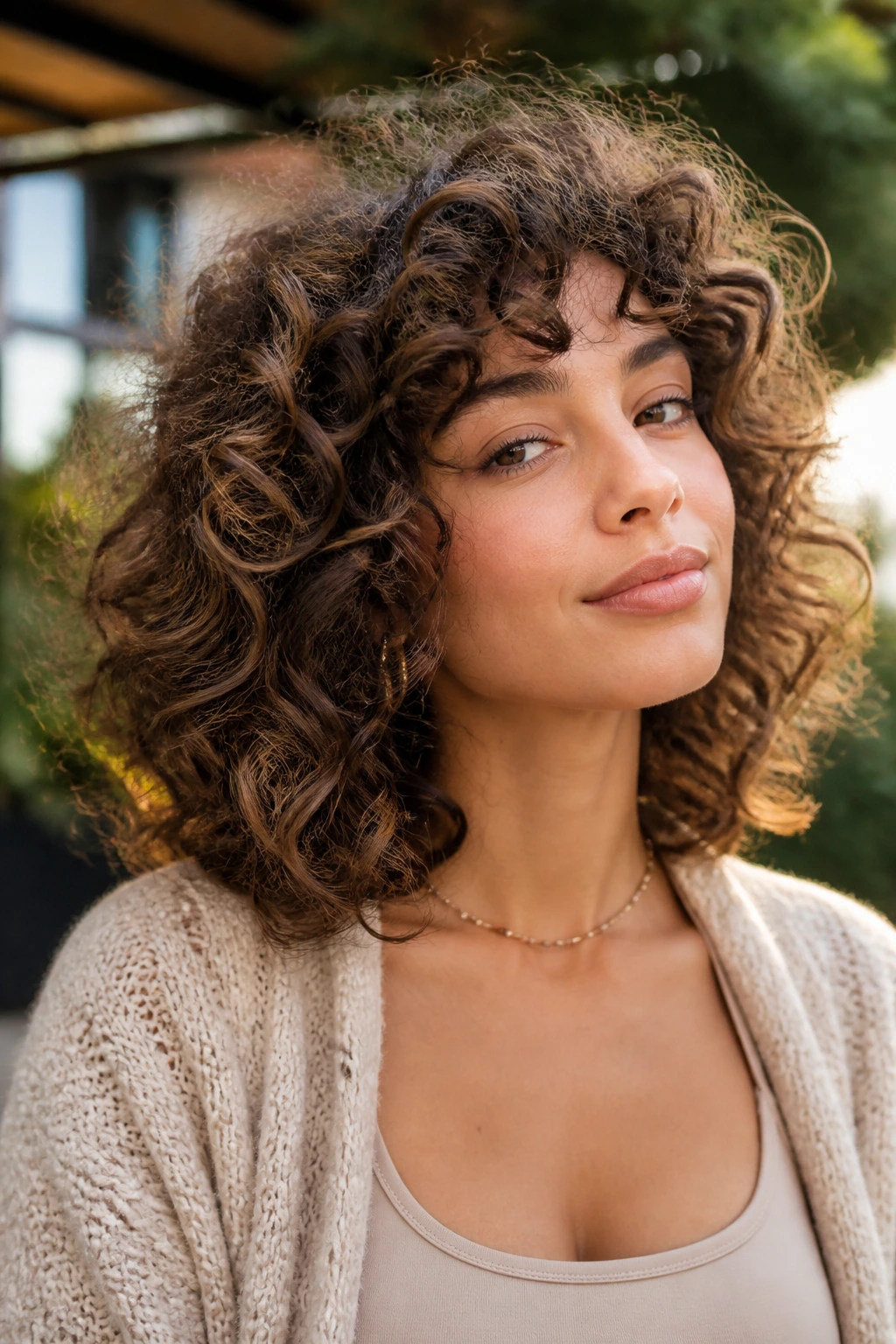 Real person with halo layers and mushroom brown depth in curls