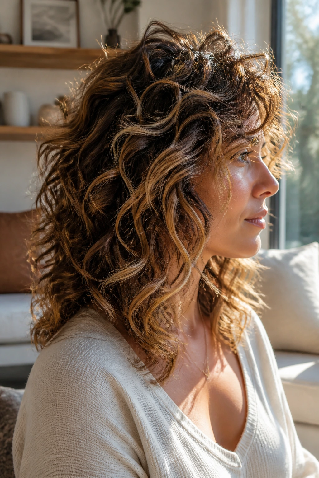 Side profile of a real woman with halo layers and sunlit caramel tips