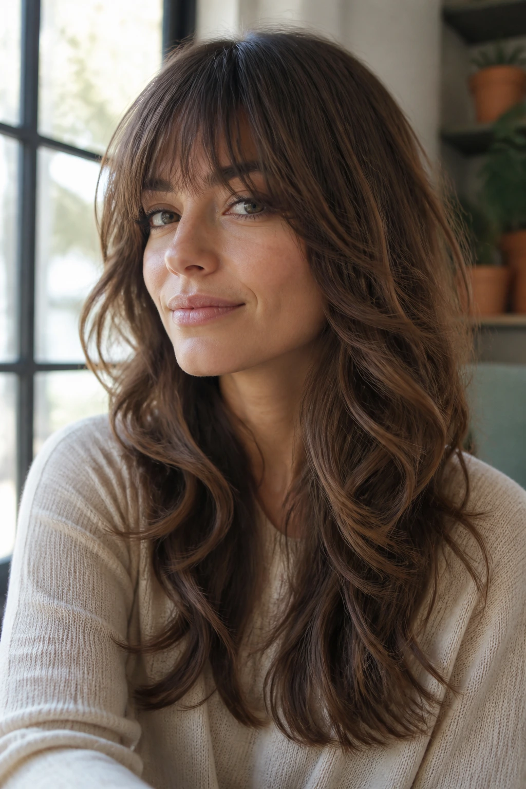 Close-up of a woman with long halo layers and wispy bangs in natural light