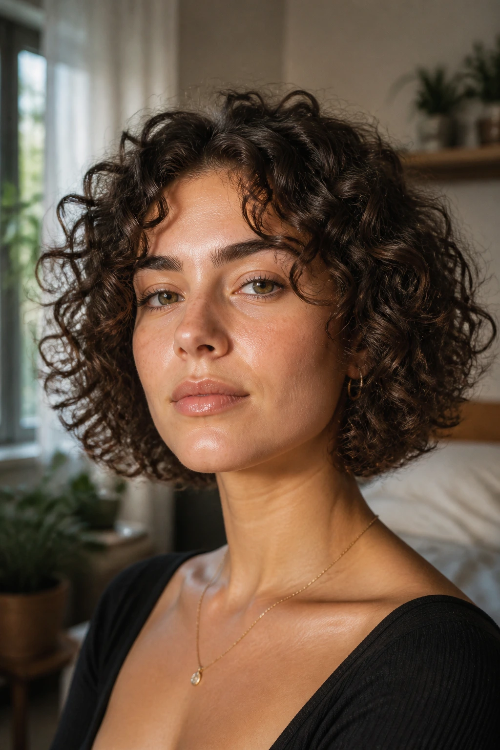 Close-up of a person with halo-length curls framing the face