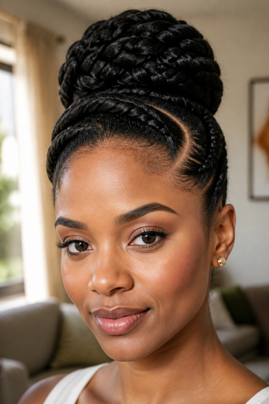 Close-up portrait of a real woman with a halo lift braided bun and curved side parts