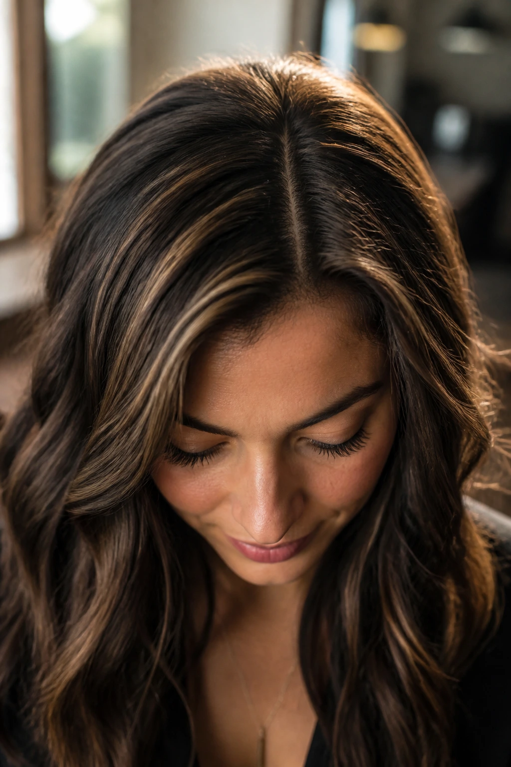 Close-up of a brunette with subtle halo lights around the part