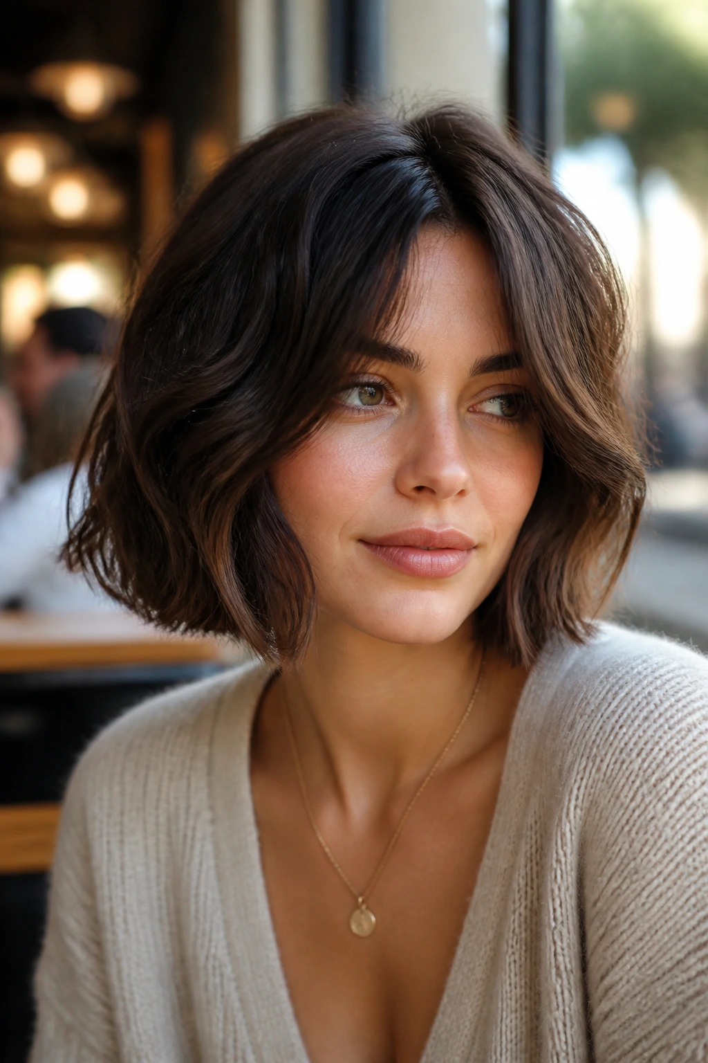 Portrait of a woman with halo lob and chin-length front pieces framing her face