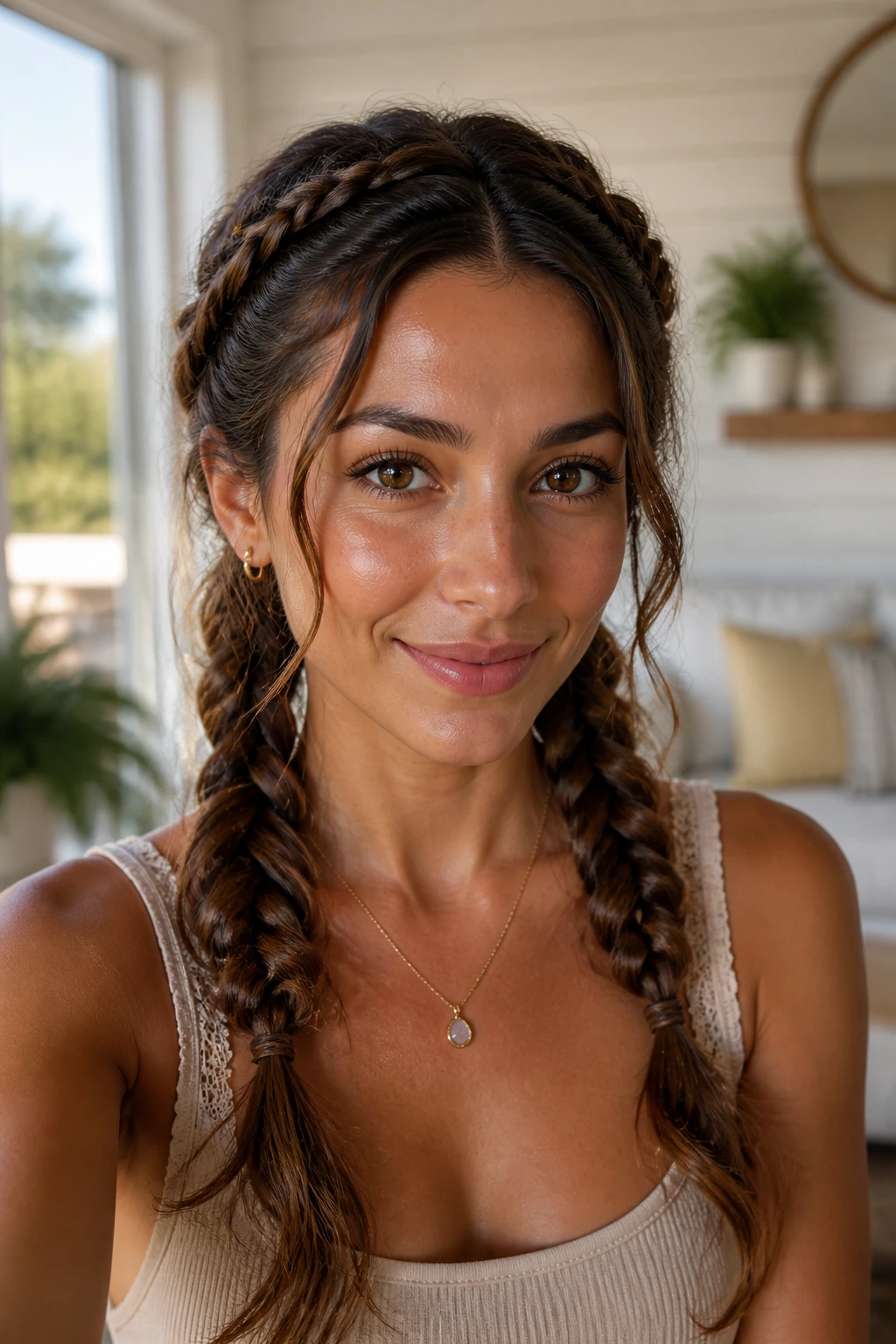 Close-up of a real woman wearing halo-to-pigtail twin braids with crown-like top