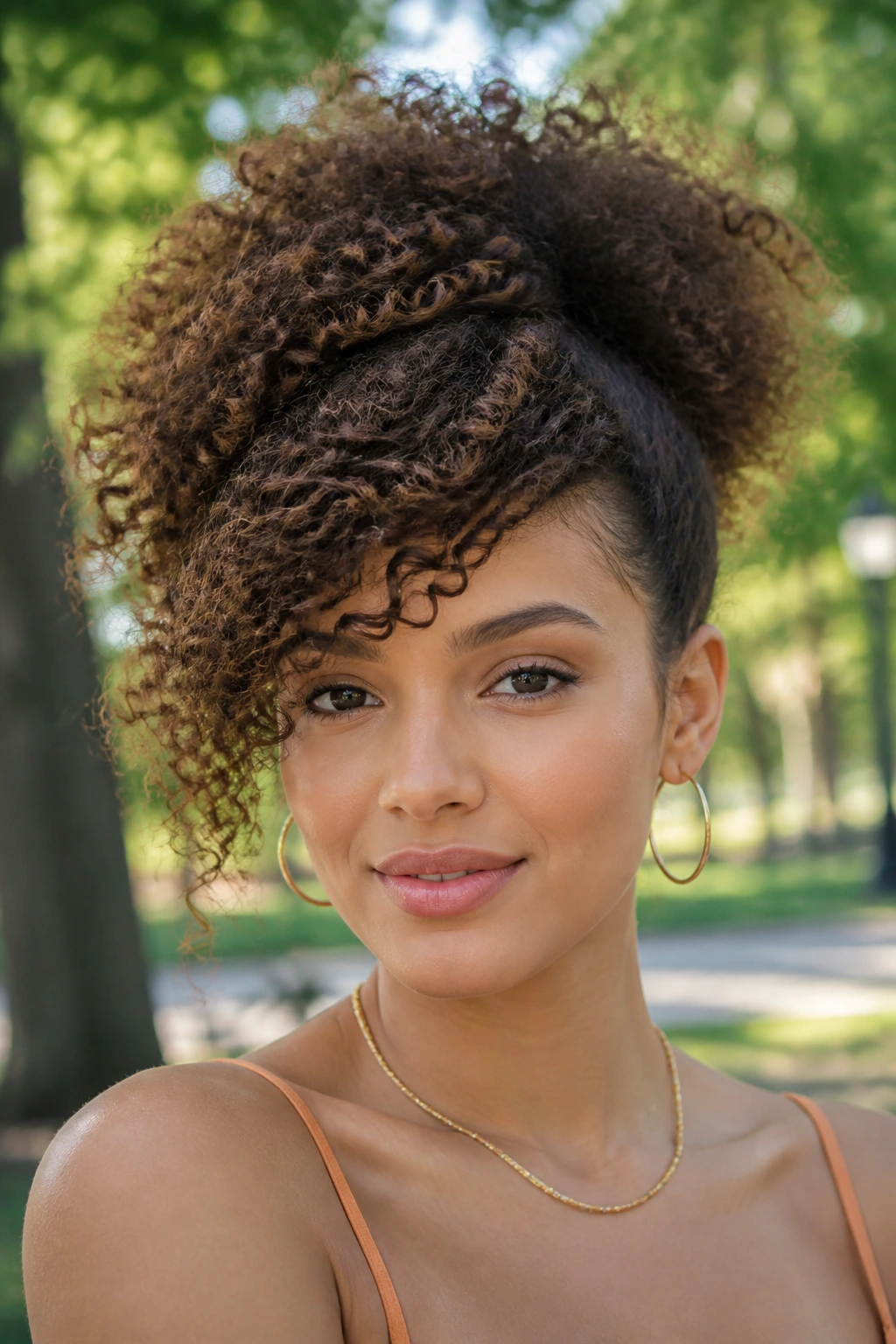 Close-up of a real person with a side-swept halo puff in a humid outdoor park.