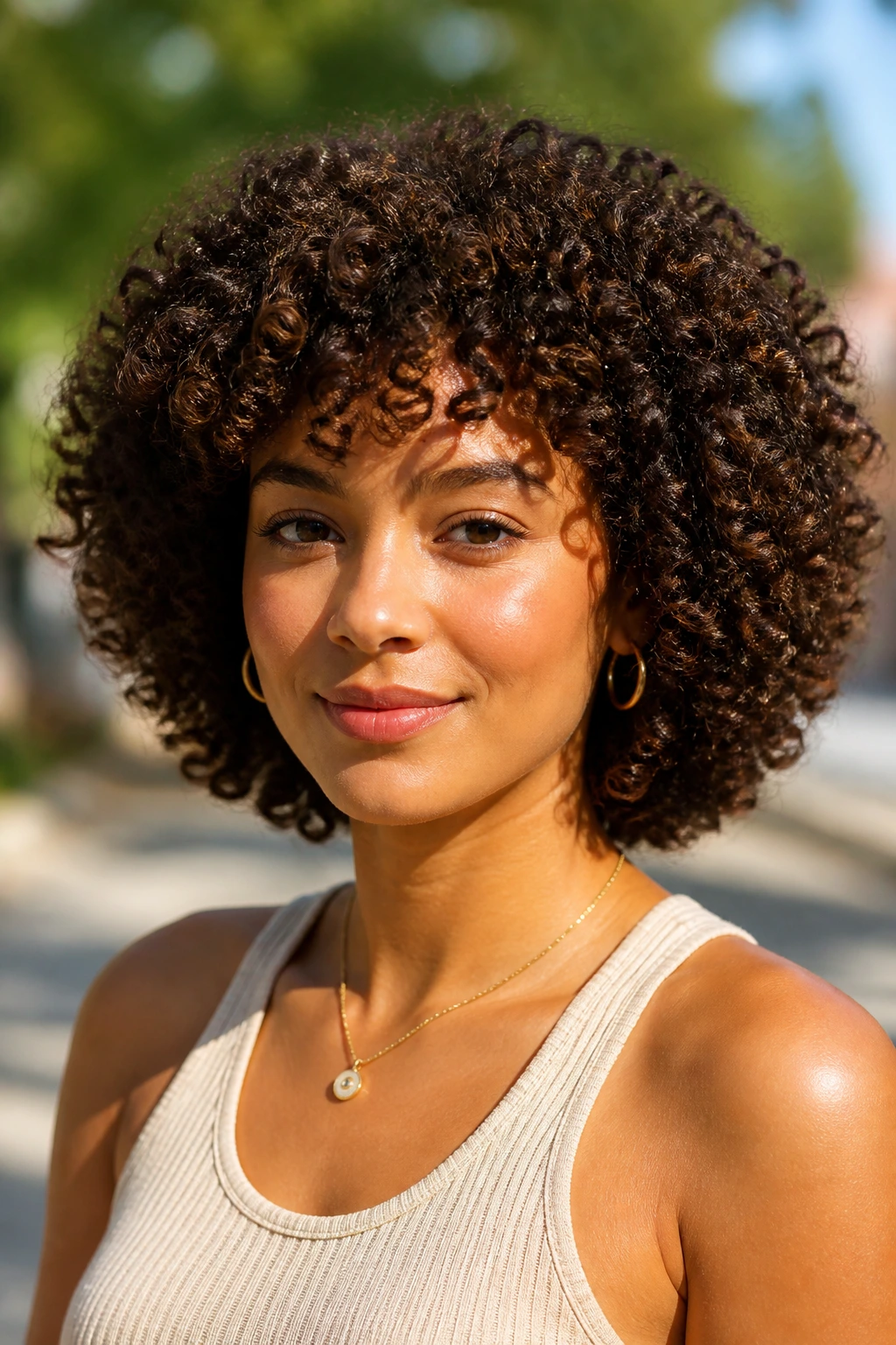 Portrait of a woman with halo round curly cut in a sunlit outdoor setting.