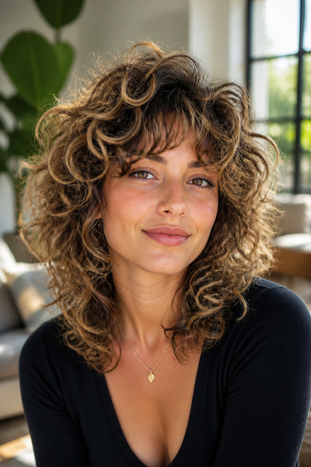 Close-up of a real woman with high-volume halo shag and champagne babylights