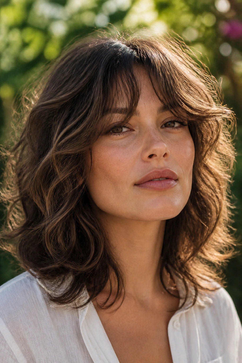 Close-up of a real woman with wavy halo shag in diffused sunlight