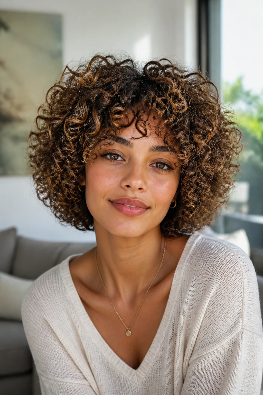Close-up of halo-shaped haircut with balanced volume on a real person