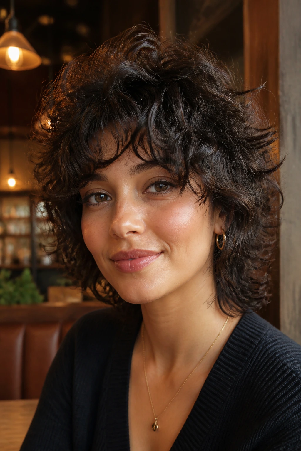 Close-up portrait of a real woman with halo-shaped curly shag and curtain bangs