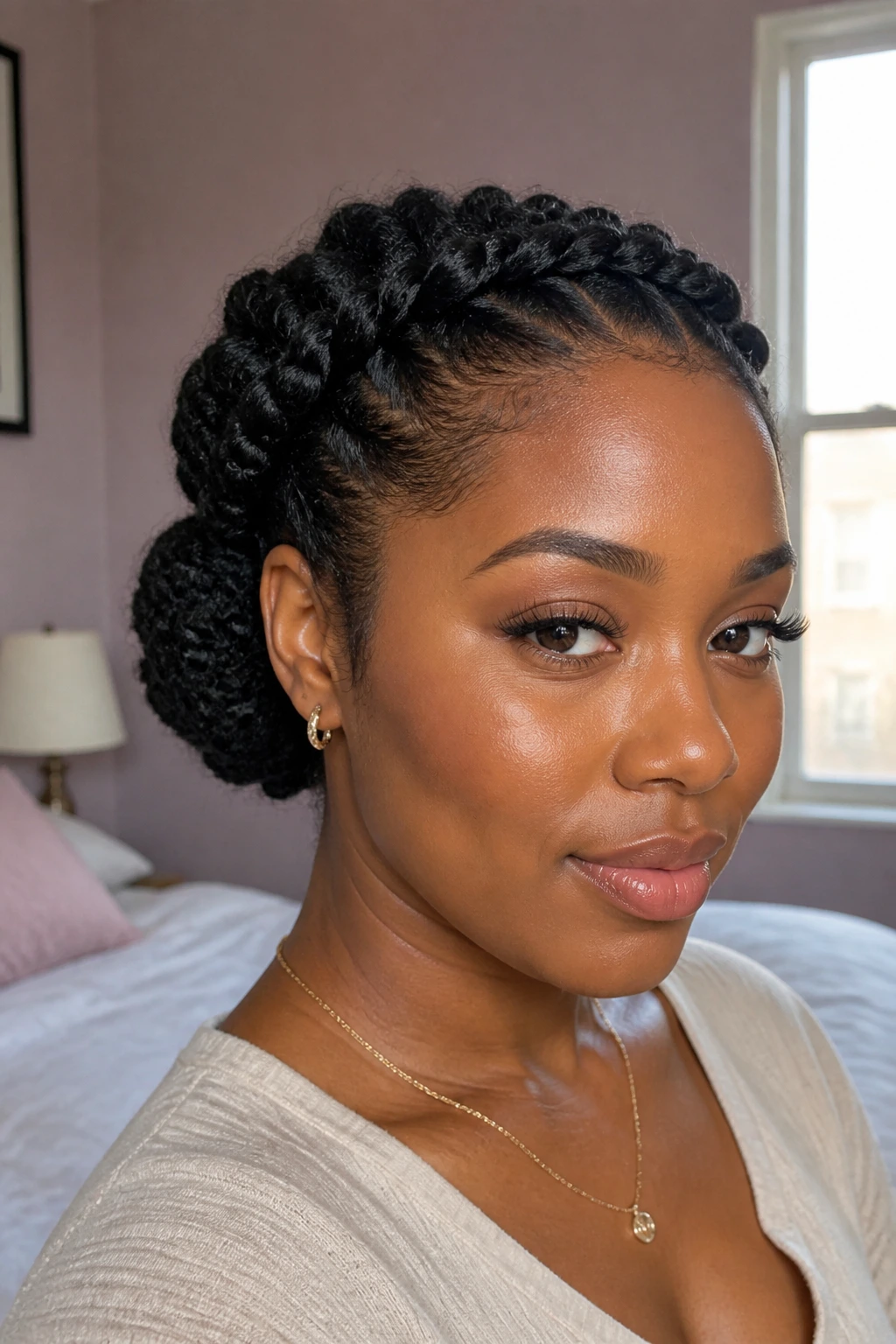 Close-up of a real woman wearing the halo twist bun hugging the hairline