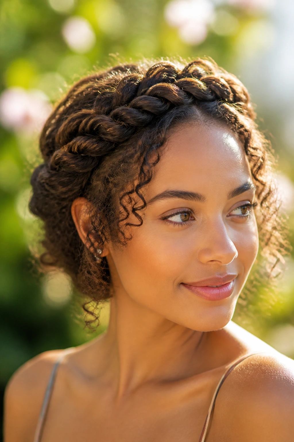Close-up of a real person with halo twist crown hairstyle