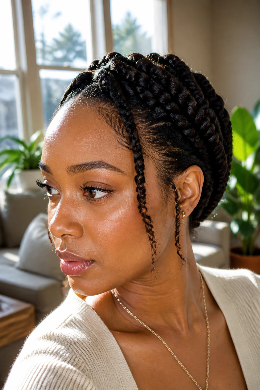 Close-up of halo twist with face-framing pieces on a real person
