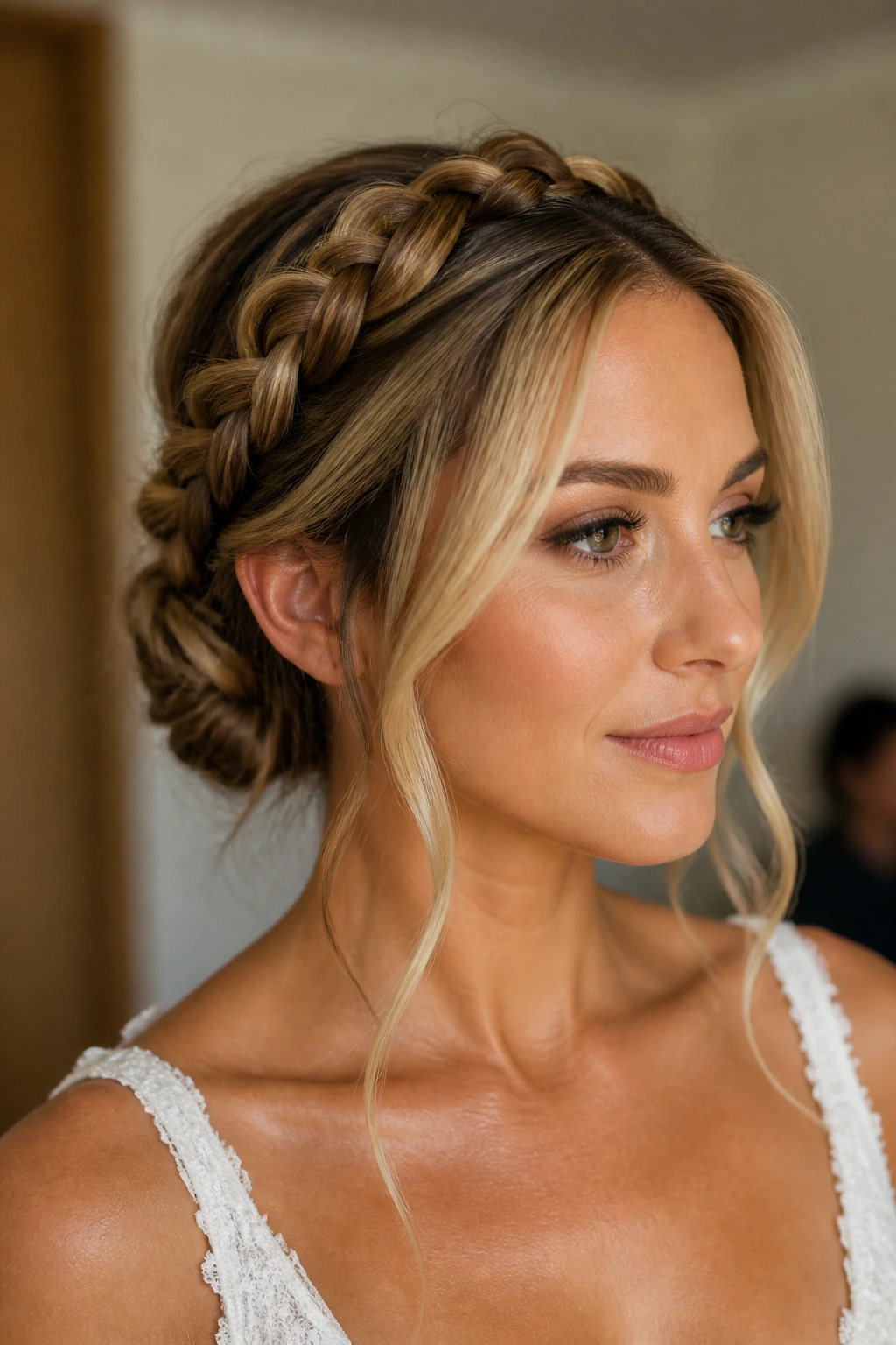 Real woman with halo twist low updo and floating front pieces