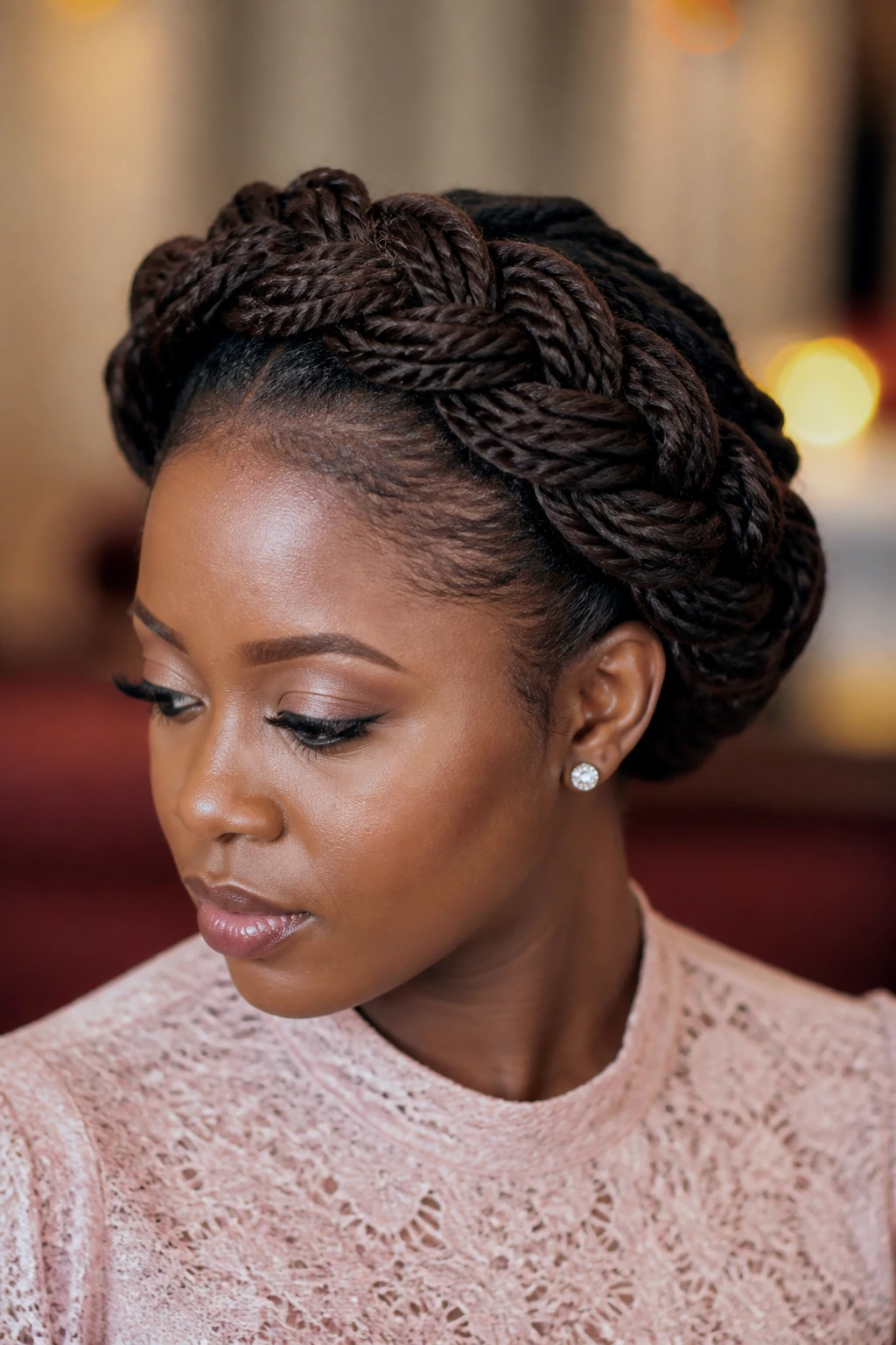 Real person wearing halo twist braid updo under warm indoor light