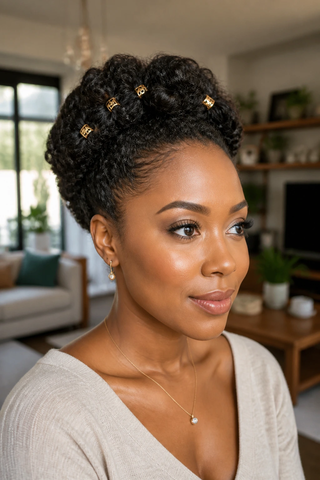 Portrait of woman with halo updo showing quick style change option.