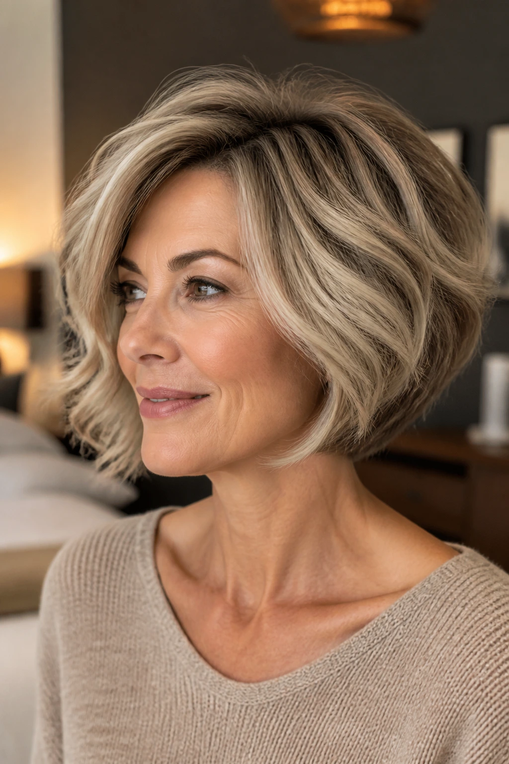 Close-up of a real woman with halo-volume bob and lifted crown.