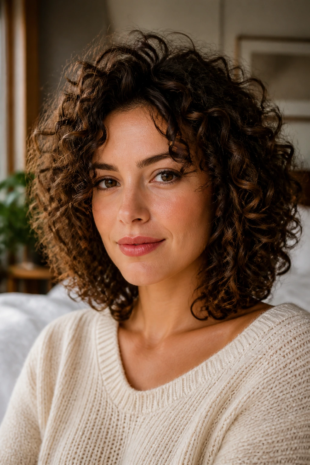 Close-up of halo curls with defined ends on medium-length hair in natural window light