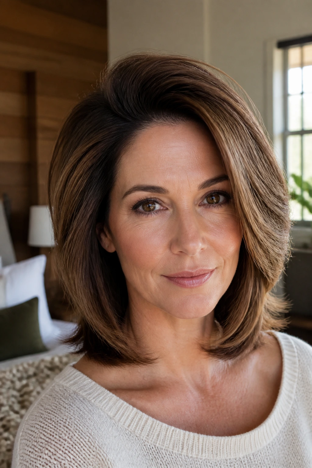 Close-up portrait of a real woman with halo volume around crown and a deep side part