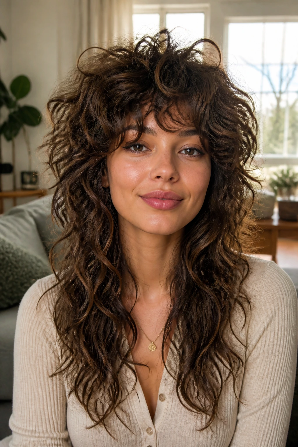 Portrait of a real woman with Halo-Volume Shag showing crown lift and balanced silhouette