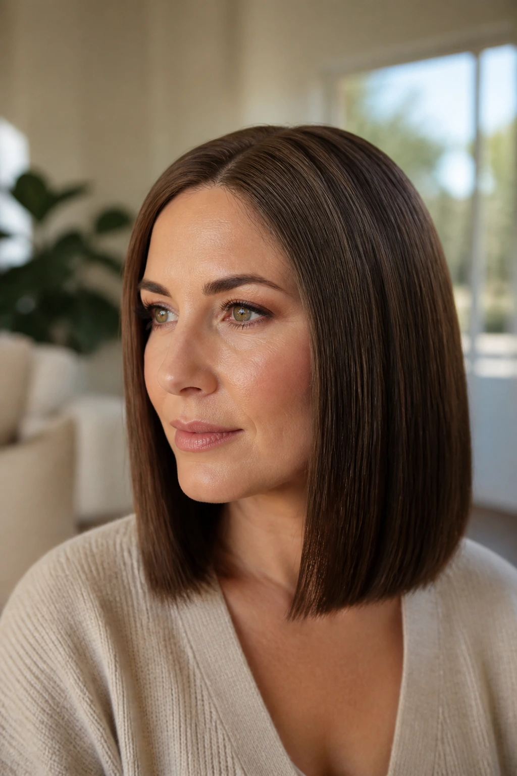 Close-up of real woman wearing a hand-tied blunt midi wig with low density