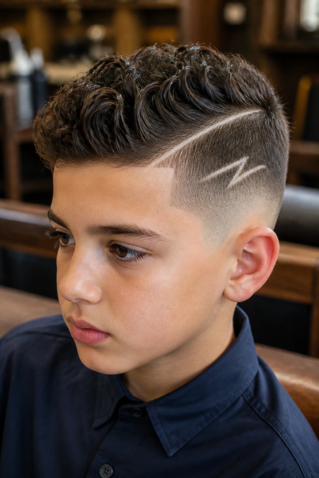 Close-up of a real boy's wavy hair with a hard part and bolt accent in a barbershop setting