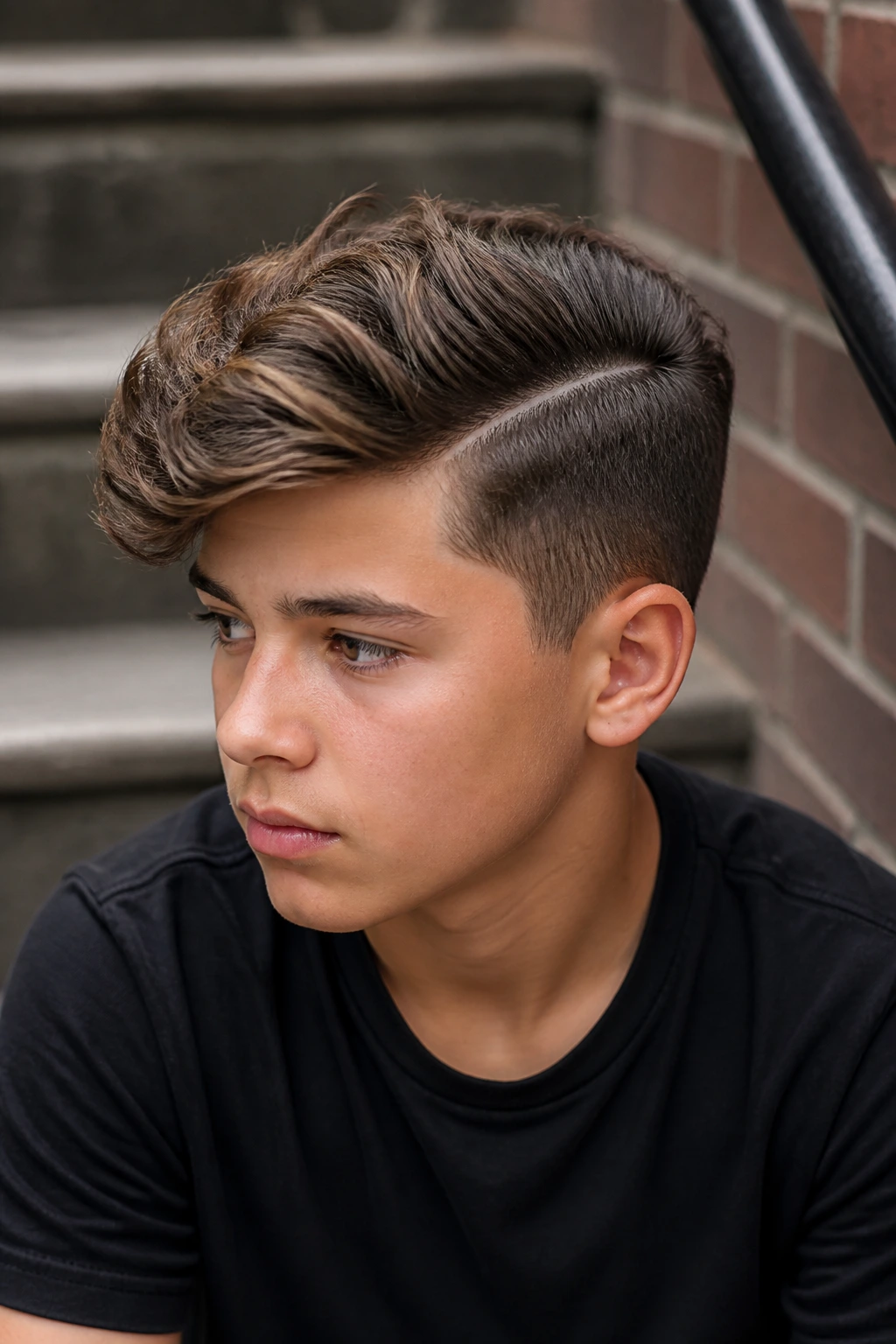 Boy with hard part and brushed-over waves