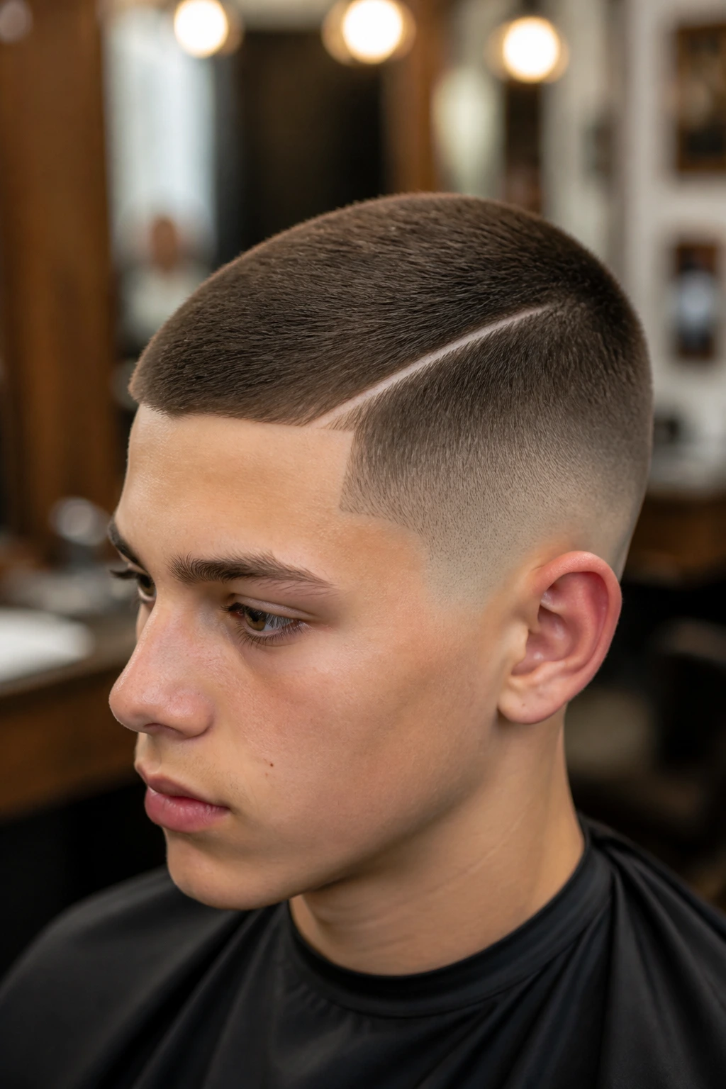 Teens with hard part buzz cut close-up portrait