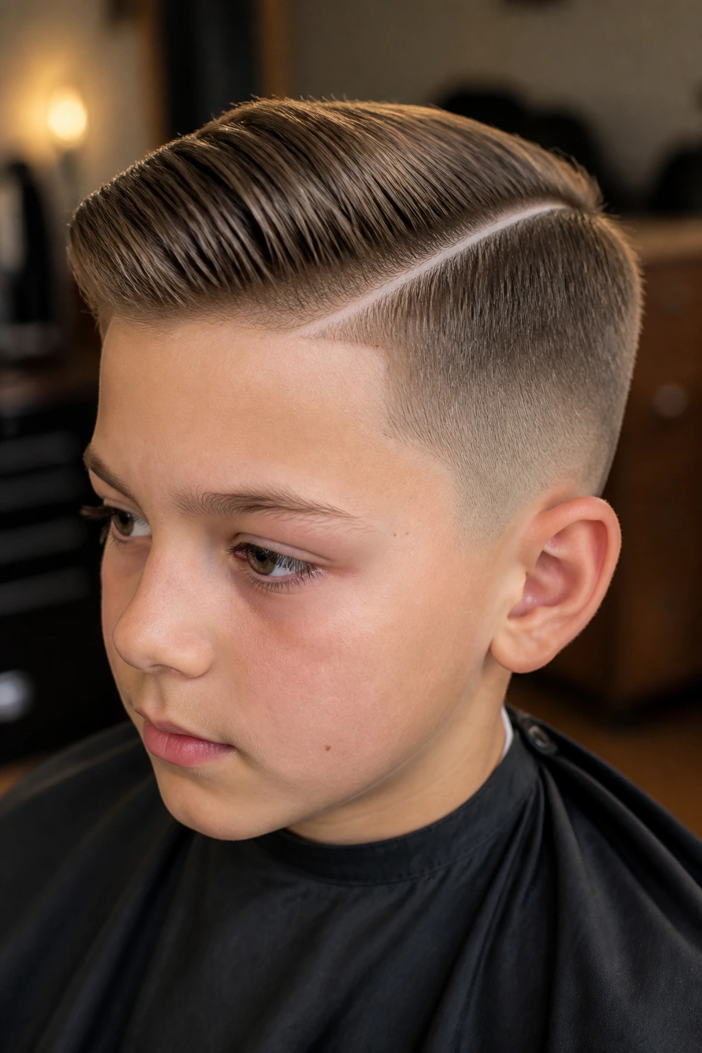 Boy with hard-part comb over hairstyle in barber setting