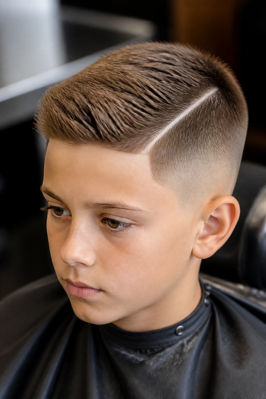Portrait of a boy with a hard part crew cut and crisp part line