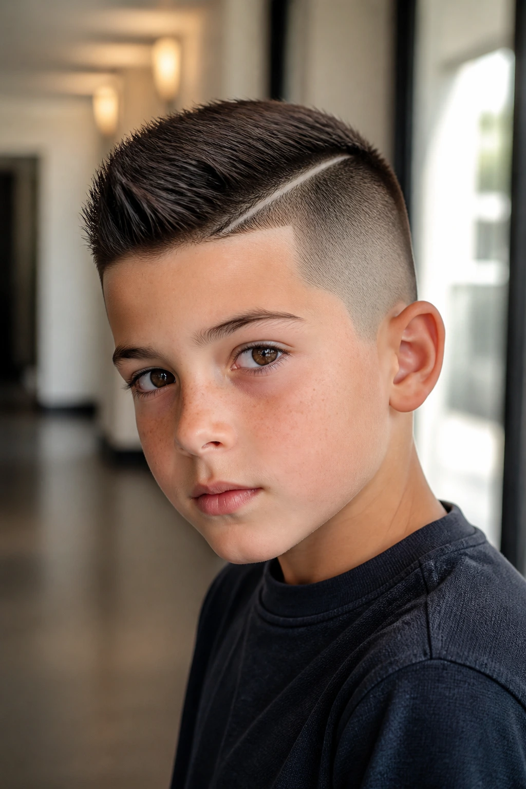Close-up of a real boy with a hard-part Eurohawk haircut