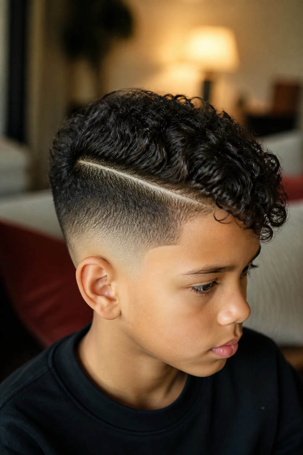 Close-up of a real child with hard part and low taper fade