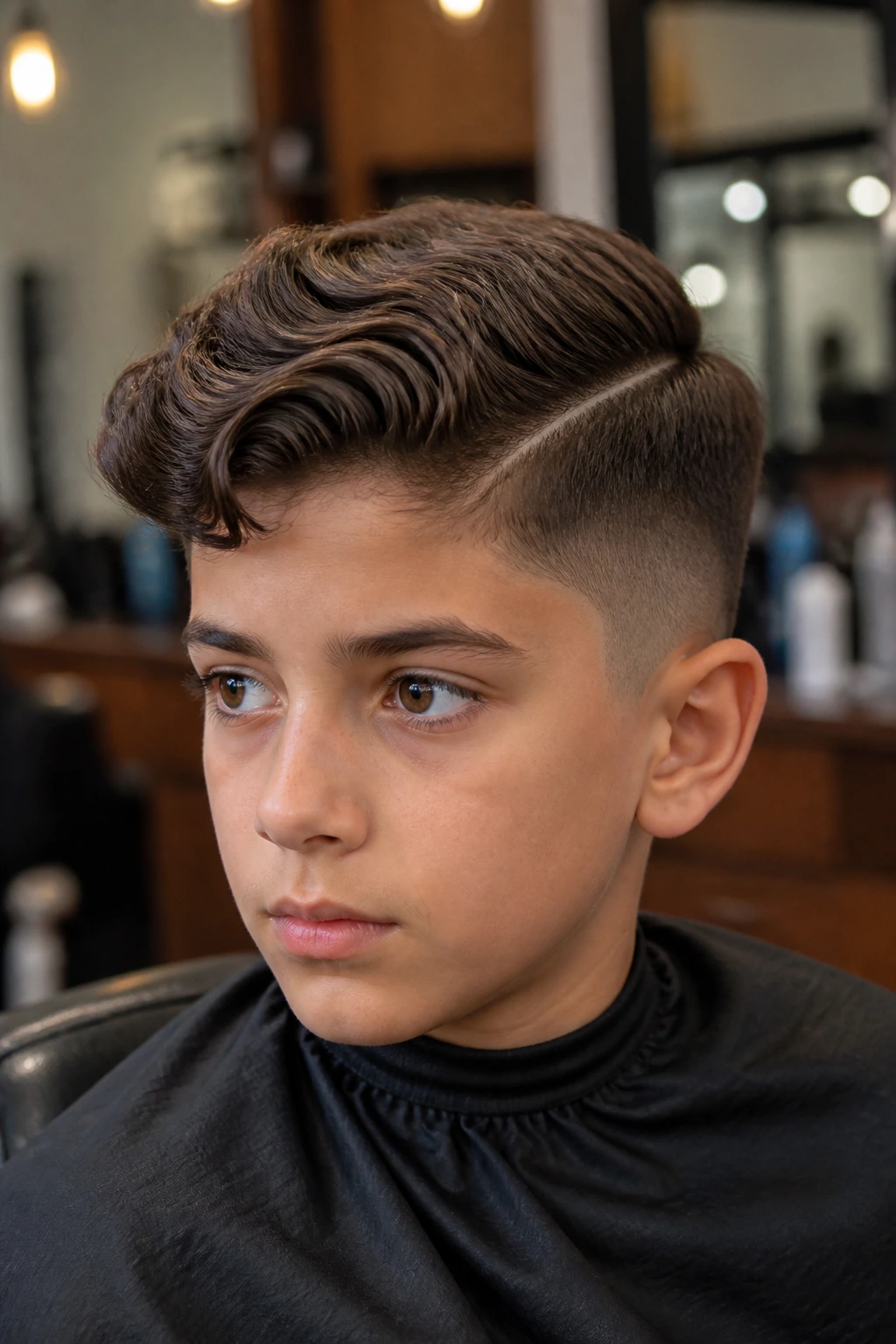 Boy with a sharp hard part hairstyle in a warm-lit setting
