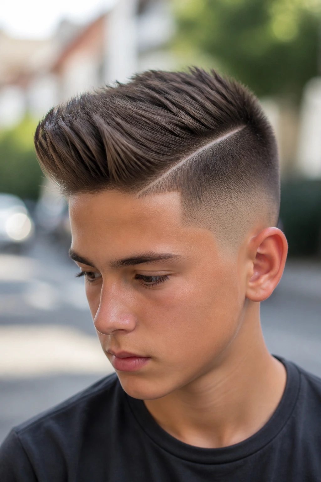 Close-up portrait of a real boy with a hard part quiff