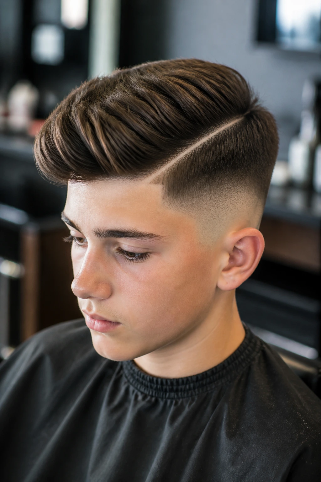 Close-up of a real boy with a hard-part swoop fade in a barber shop