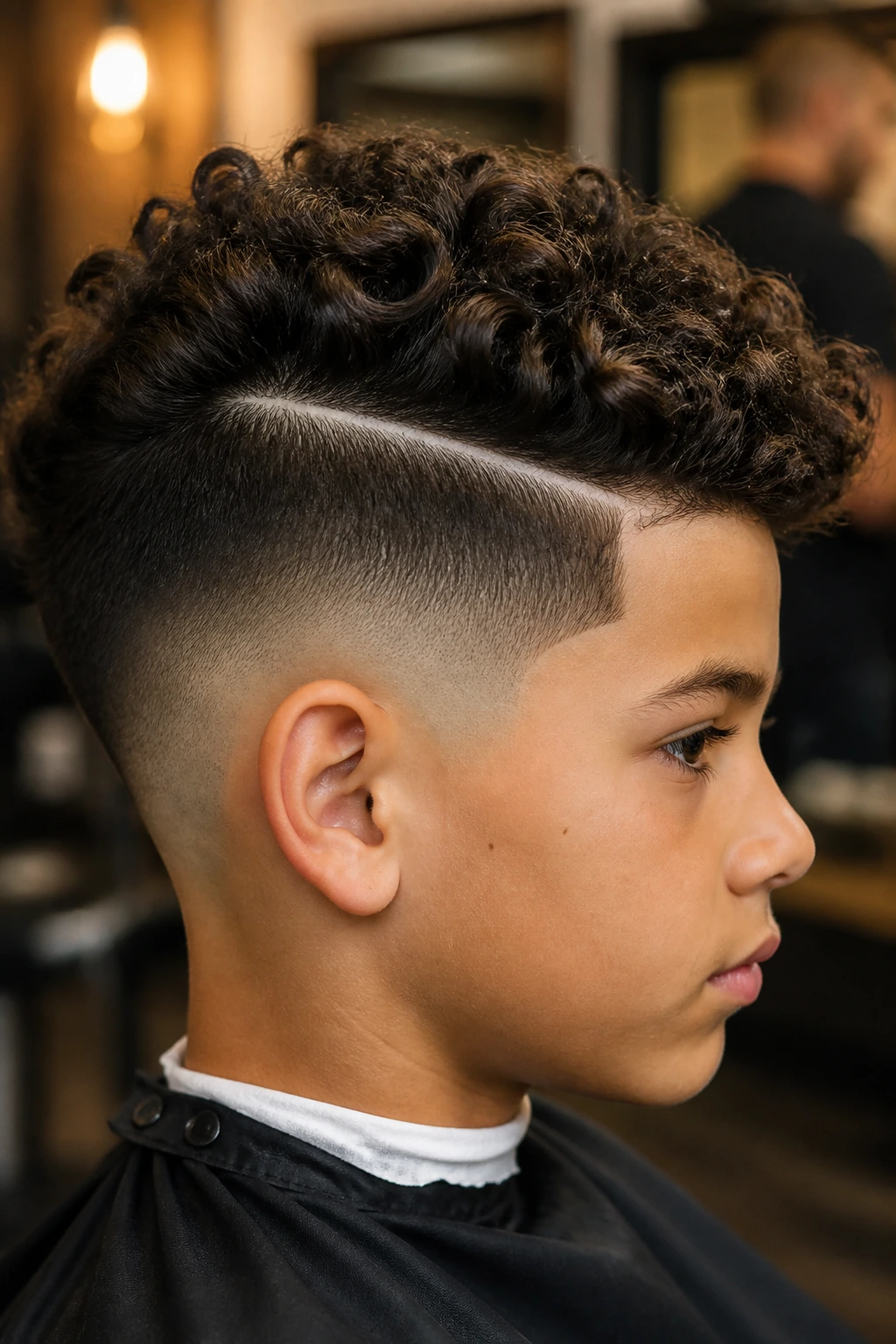 Close-up profile of a boy with a hard part and tapered sides