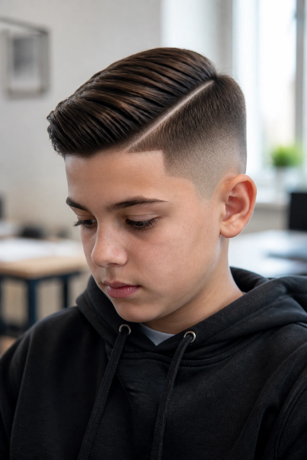 Close-up of a boy with a hard-part comb over undercut
