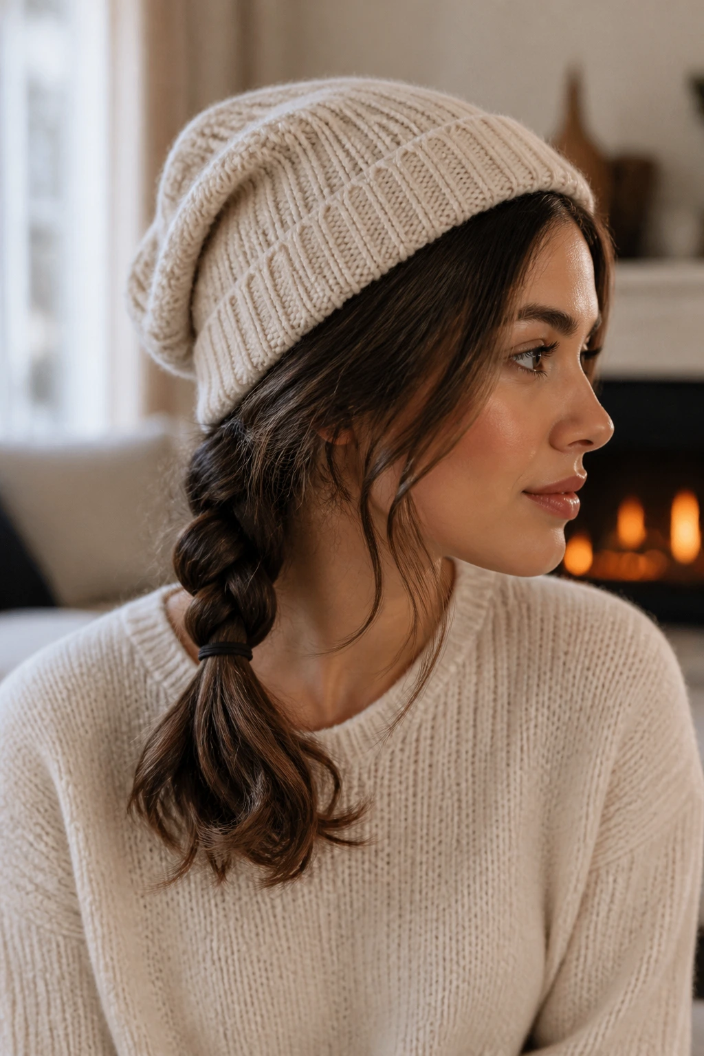 Portrait of a woman with a low braid and flipped ends under a beanie