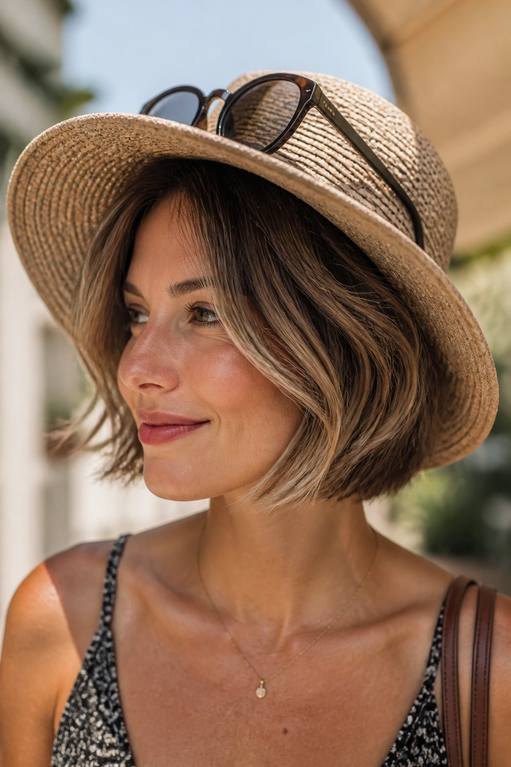 Real woman with short hair wearing hat and sunglasses in sunny outdoor setting.