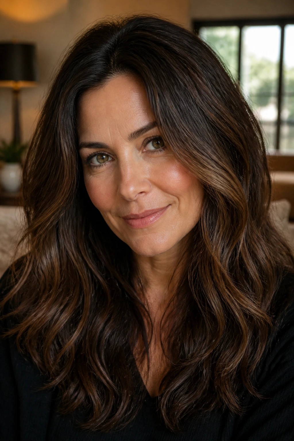Close-up of a real woman with dark hazel brown hair and subtle green-gold undertone