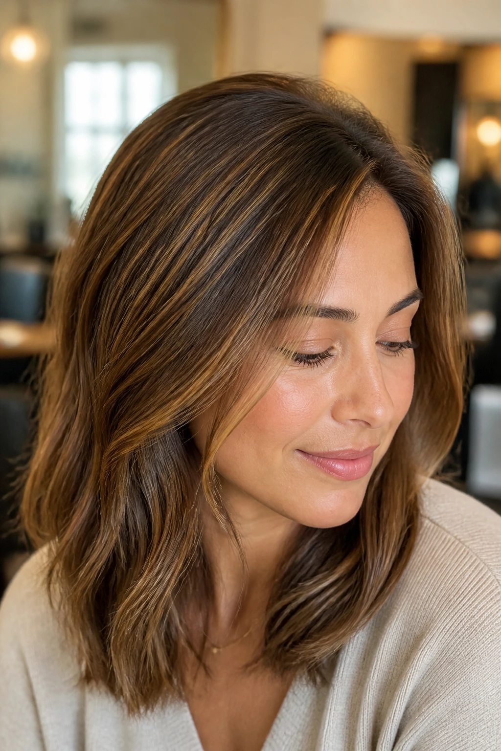 Close-up portrait of a real woman with fine hair showcasing hazelnut babylights.