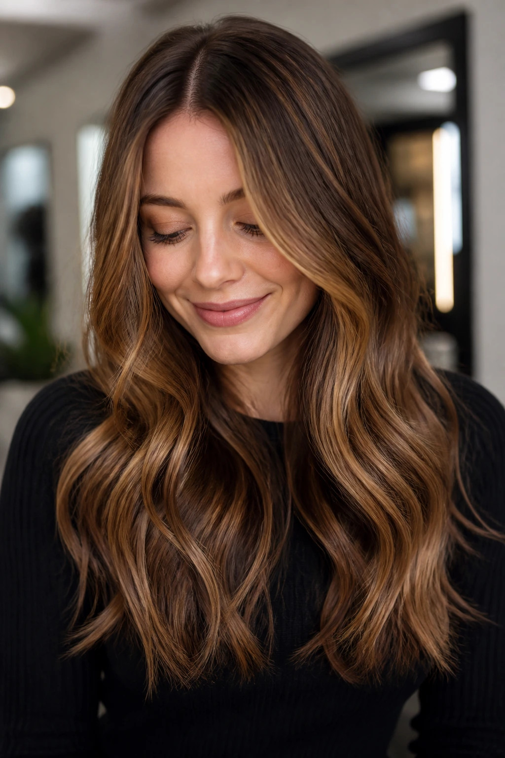 Portrait of a person with hazelnut balayage through mids and ends.