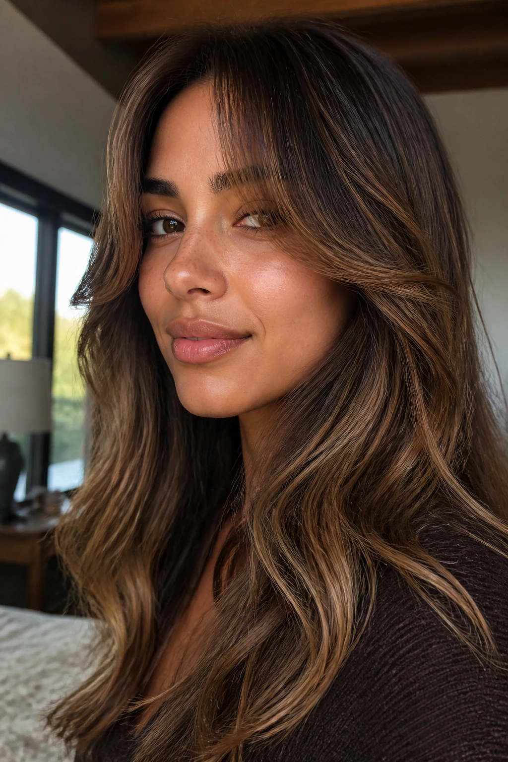 Close-up portrait of a real person with hazelnut balayage and long curtain bangs