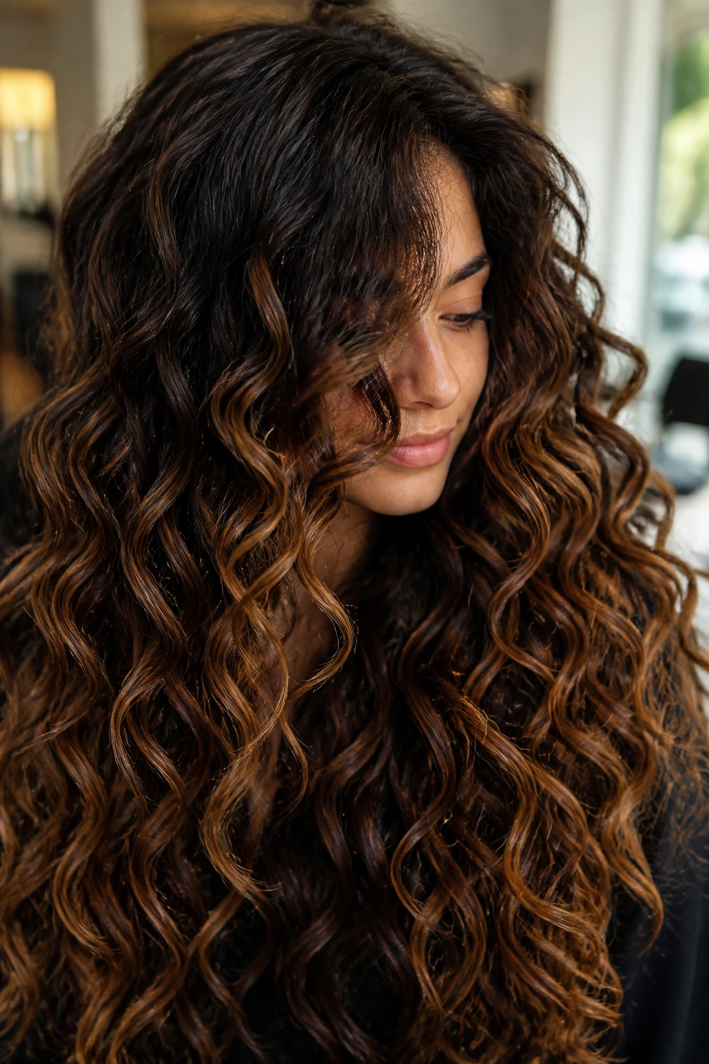 Close-up of a real woman showing hazelnut balayage over a dark base on long curly hair