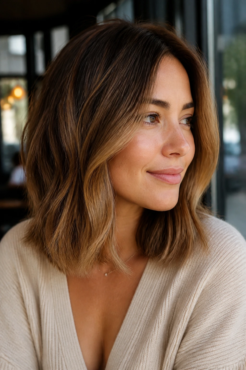 Lob hairstyle with hazelnut balayage on a real person in natural light