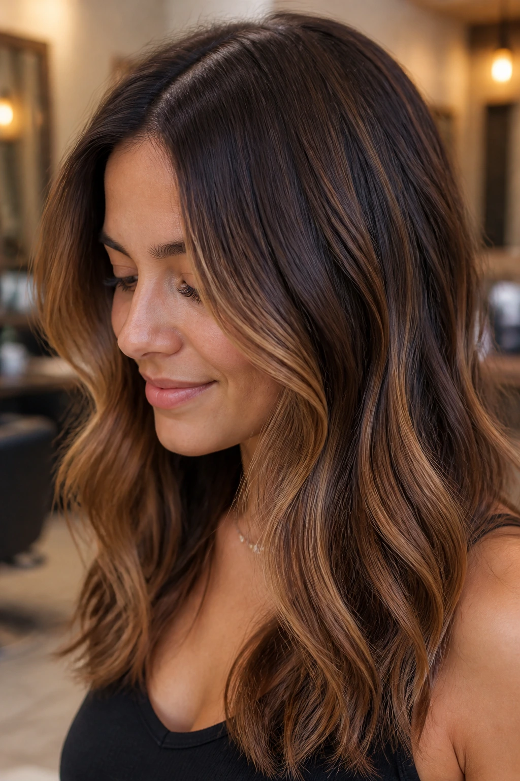 Close-up of hazelnut melt balayage on brunette hair with soft root smudge